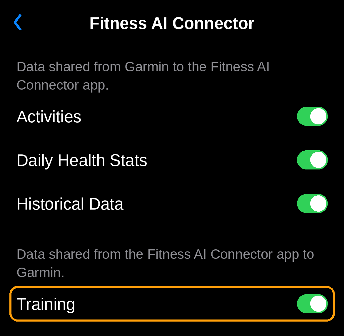 Fitness AI Connector settings in the Garmin Connect app, with Training switched on