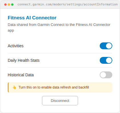 Garmin Connect settings — turn on Historical Data toggle for Fitness AI Connector